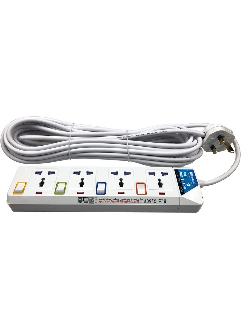 Narken E Series Electric Universal Extension Cord 4 Socket 10 Meter Power Strip wire 13A Fuse surge With Separate Single Switch and Indicate light Max 13A 3250W AC 250V White. - Image 5